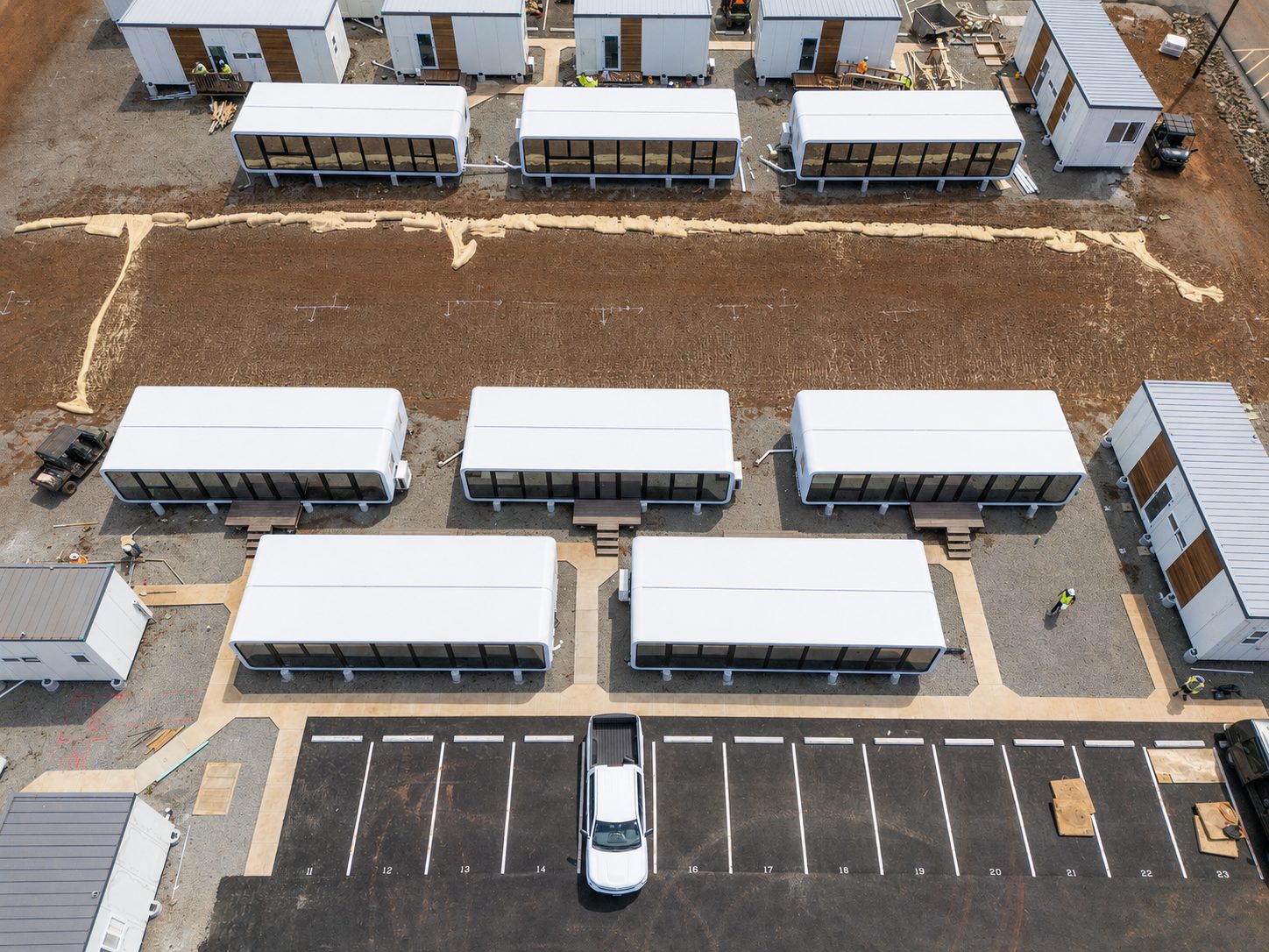 Overhead view of NanoNest units being positioned in rows at the Lahaina site