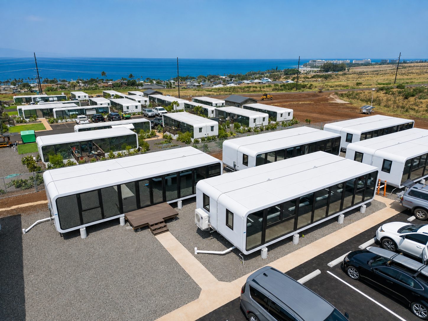 NanoNest modular units installed in rows at the Lahaina site with the Pacific behind