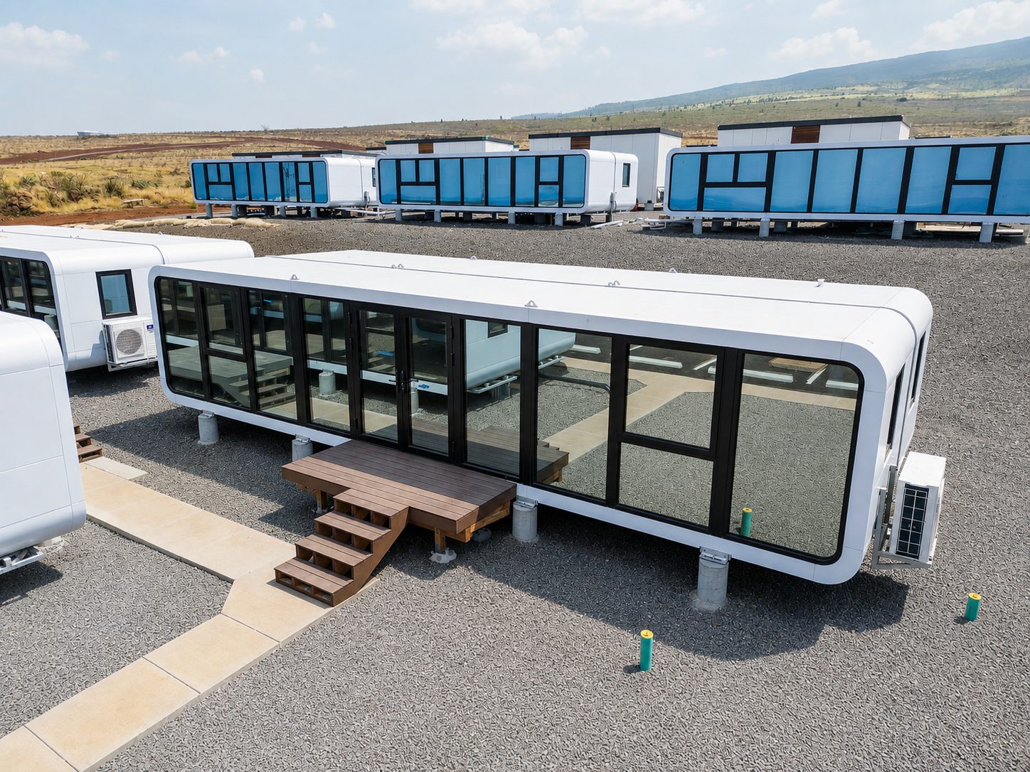 Newly delivered NanoNest units at the Lahaina site with protective window film in place